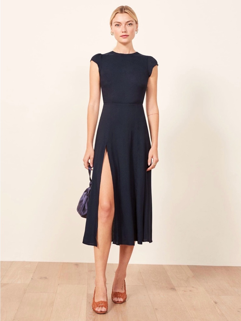 Reformation Navy Gavin Cap-Sleeve Midi Dress with Front Slit